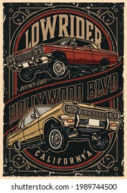 Custom cars vintage colorful poster with american lowrider cars vector illustration