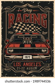 Custom cars vintage colorful poster with red muscle car and racing checkered flag vector illustration