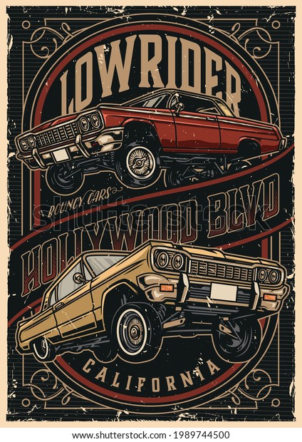 Custom cars vintage colorful poster with\
american lowrider cars vector\
illustration
