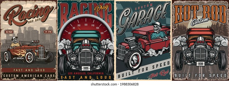 Custom cars vintage colorful posters with inscriptions big speedometer powerful hot rods skeleton in shirt and baseball cap driving hotrod vector illustration