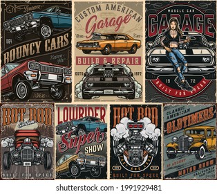 Custom cars vintage colorful posters with lowrider muscle and hot rod cars turbo engine classic retro automobile pretty tattooed woman holding spanner vector illustration - Shutterstock ID 1991929481