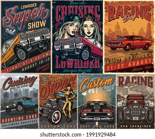 Custom cars vintage colorful posters with inscriptions american lowrider muscle hot rod cars beautiful girls in baseball caps pretty winking woman in mechanic uniform with spanner vector illustration