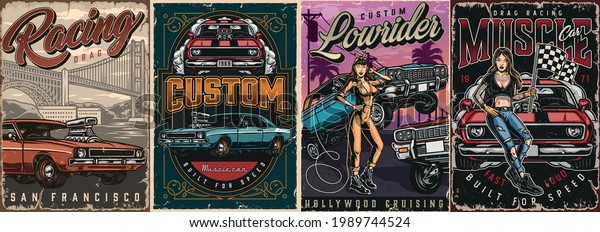 Custom cars vintage colorful posters with\
american muscle and lowrider cars pretty winking woman in mechanic\
uniform and attractive tattooed girl holding racing checkered flag\
vector illustration