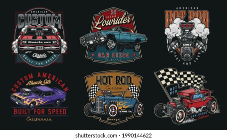 Custom cars vintage colorful prints with letterings racing checkered flag turbo engine muscle and lowrider cars skeleton in baseball cap driving hot rod isolated vector illustration