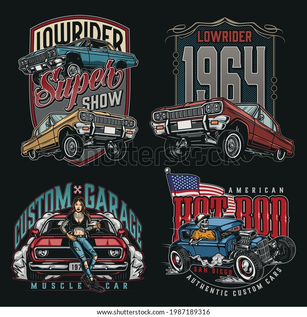 Custom cars vintage colorful prints with
flag of USA lowrider automobiles skeleton driving hot rod pretty
tattooed woman with spanner standing near muscle car isolated
vector illustration