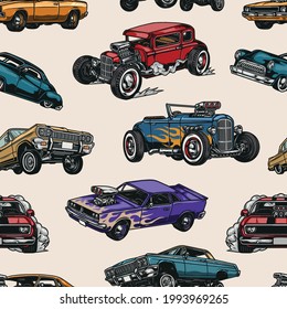 Custom cars vintage colorful seamless pattern with powerful american muscle lowrider and hot rod cars on light background vector illustration