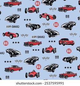 Custom cars vintage colorful seamless pattern with powerful american muscle lowrider and hot rod cars on light background vector illustration
