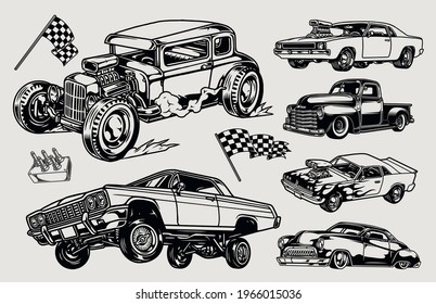 Custom cars vintage concept with pickup truck hot rod classic retro low rider muscle automobiles racing checkered flags lowrider suspension remote control isolated vector illustration