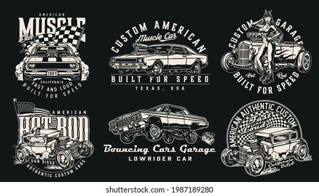 Custom cars vintage labels with lowrider and muscle cars USA and racing checkered flags skeleton driving hot rod attractive woman in mechanic uniform with wrench isolated vector illustration