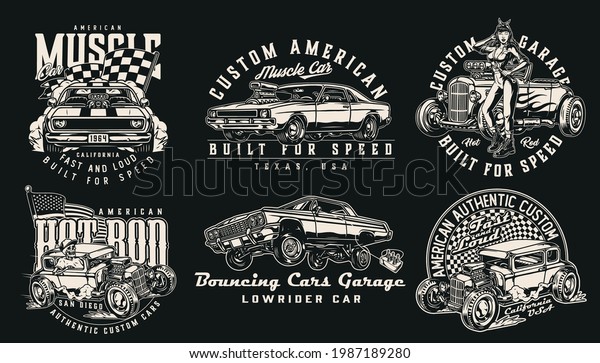 Custom cars vintage labels with lowrider and\
muscle cars USA and racing checkered flags skeleton driving hot rod\
attractive woman in mechanic uniform with wrench isolated vector\
illustration