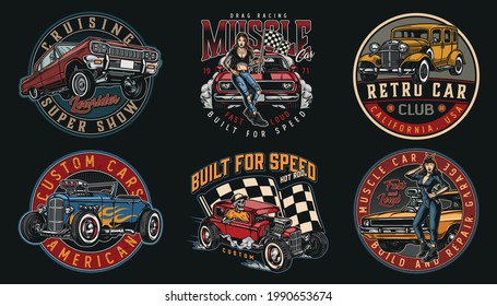 Custom cars vintage logos with classic retro lowrider muscle cars skeleton driving hot rod pretty woman with spanner and beautiful girl holding checkered race flag isolated vector illustration - Shutterstock ID 1990653674