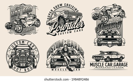 Custom cars vintage monochrome badges with skeleton in baseball cap driving hot rod pretty tattooed woman holding spanner american lowrider and muscle cars isolated vector illustration