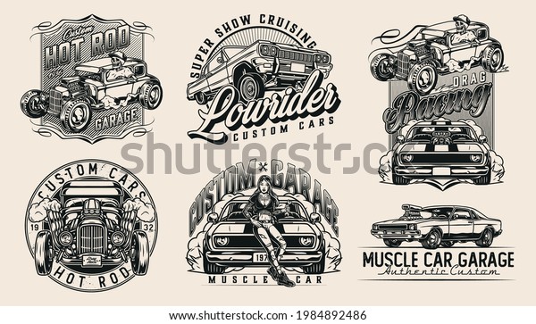 Custom cars vintage monochrome badges with
skeleton in baseball cap driving hot rod pretty tattooed woman
holding spanner american lowrider and muscle cars isolated vector
illustration