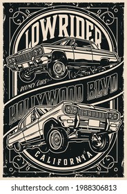 Custom cars vintage monochrome poster with american lowrider cars elegant frame and inscriptions vector illustration