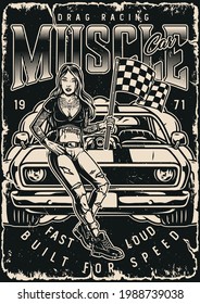 Custom cars vintage monochrome poster with pretty tattooed woman holding checkered race flag and standing near powerful muscle car vector illustration