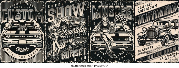 Custom cars vintage monochrome posters with lowrider and muscle cars classic retro automobile pretty winking woman in mechanic uniform attractive tattooed girl with racing flag vector illustration svg