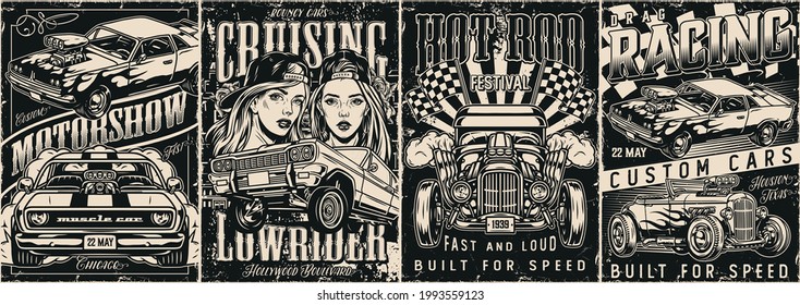 Custom cars vintage monochrome posters with lowrider muscle and hot rod american cars racing checkered flags and pretty girls in baseball caps vector illustration - Shutterstock ID 1993559123