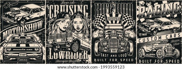 Custom cars vintage monochrome\
posters with lowrider muscle and hot rod american cars racing\
checkered flags and pretty girls in baseball caps vector\
illustration
