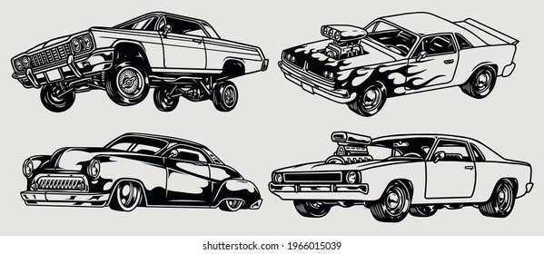 Custom cars vintage monochrome set with powerful muscle american lowrider and classic retro automobiles isolated vector illustration