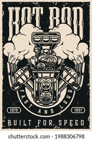 Custom cars vintage poster with letterings and hot rod turbo engine in monochrome style vector illustration