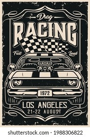 Custom cars vintage poster with powerful american muscle car and racing checkered flag in monochrome style vector illustration