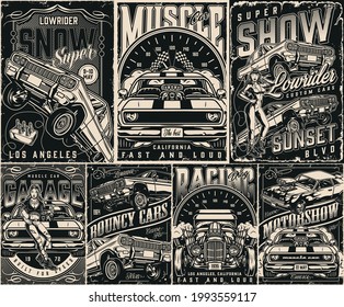 Custom cars vintage posters with checkered race flags speedometers muscle lowrider hot rod cars attractive tattooed girl with spanner pretty winking woman in mechanic uniform vector illustration