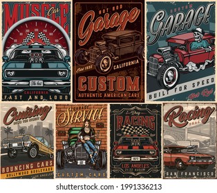Custom cars vintage posters composition with speedometer lowrider and muscle cars skeleton in baseball cap driving hot rod racing flags pretty tattoed woman holding spanner vector illustration