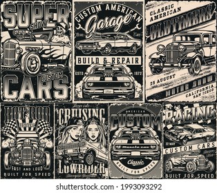 Custom cars vintage posters with powerful muscle and american lowrider cars retro automobile spanners pretty girls in baseball caps skeleton driving hot rod with flame decal vector illustration
