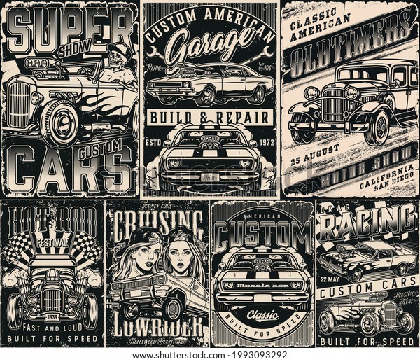 Custom cars vintage posters with powerful\
muscle and american lowrider cars retro automobile spanners pretty\
girls in baseball caps skeleton driving hot rod with flame decal\
vector illustration