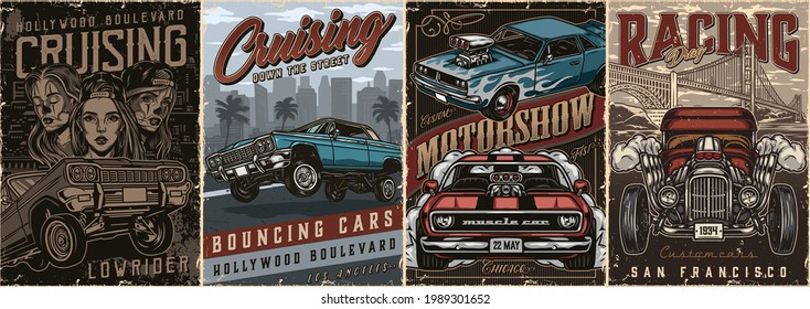Custom cars vintage posters set with inscriptions american lowrider hot rod and muscle cars pretty tattooed girls in baseball caps vector illustration svg