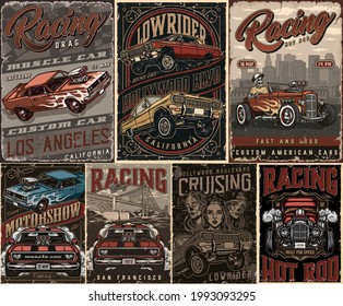 Custom cars vintage posters set with muscle and lowrider american cars pretty tattooed girls skeleton in baseball cap and shirt driving hot rod with flame decal on cityscape vector illustration svg