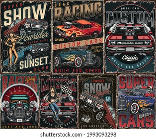Custom cars vintage posters set with muscle lowrider hot rod cars big speedometer skeleton driving hotrod pretty winking woman and beautiful tattooed girl with racing flag vector illustration