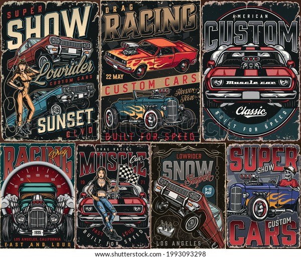 Custom cars vintage posters set with muscle\
lowrider hot rod cars big speedometer skeleton driving hotrod\
pretty winking woman and beautiful tattooed girl with racing flag\
vector illustration