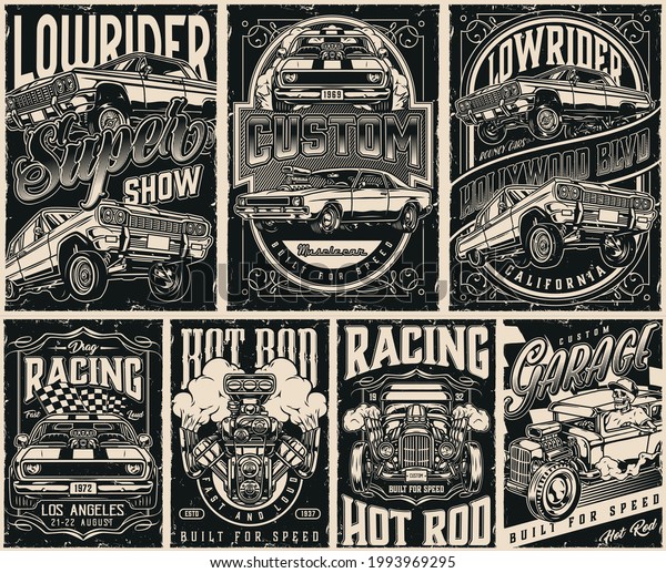 Custom cars vintage posters set in\
monochrome style with american lowrider and muscle cars skeleton in\
baseball cap driving hot rod racing checkered flag and turbo engine\
vector illustration
