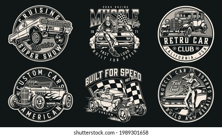 Custom cars vintage prints with muscle lowrider and retro cars skeleton driving hot rod tattooed woman with race checkered flag and attractive mechanic girl with wrench isolated vector illustration