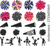 Custom cheer Horn Set team Silhouette, Cheerleading Team Elements Collection with Megaphones and Pom Poms Vector Illustration, Cheerleading Players