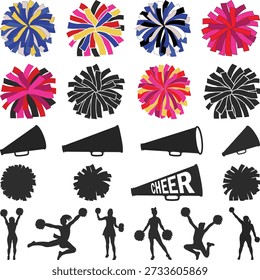 Silueta personalizada del equipo de cuerno de alegría, Colección de Elementos de Equipo de porristas con megáfonos y Ilustración vectorial de pompones, jugadores de porristas