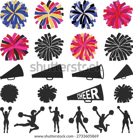 Custom cheer Horn Set team Silhouette, Cheerleading Team Elements Collection with Megaphones and Pom Poms Vector Illustration, Cheerleading Players