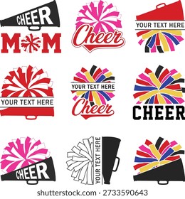Custom cheer team Silhouette, Cheer team name shirt, Cheerleading Team Logos and Emblems Collection with Megaphones and Pom Poms Vector Illustration
