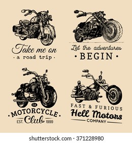 Custom chopper and motorcycle logos set. Detailed illustrations for biker badges or labels. Vintage inspirational posters, t-shirt prints collection for MC, garage etc. 