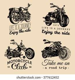 Custom chopper and motorcycle logos set. Detailed illustrations for biker badges or labels. Vintage inspirational posters, t-shirt prints collection for MC, garage etc. 