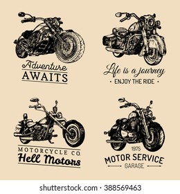 Custom chopper and motorcycle logos set. Detailed illustrations for biker badges or labels. Vintage inspirational posters, t-shirt prints collection for MC, garage etc. 