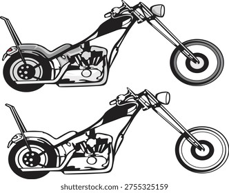 Custom Chopper Motorcycle Vector Set Retro Biker Illustration with Sissy Bar and High Forks