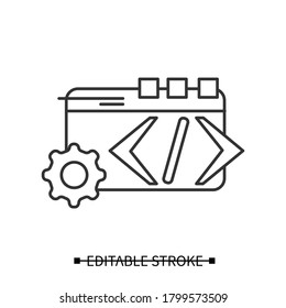 Custom coding icon. Web page and gear, concept pictogram of custom service web programming. Editable stroke linear vector illustration for backend development, ui, blog and programming business 