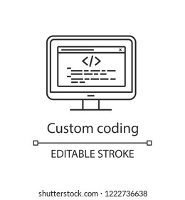 Custom coding linear icon. Programming. Website development. Thin line illustration. Website optimization. Point-to-point integration. Contour symbol. Vector isolated outline drawing. Editable stroke