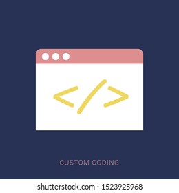 Custom coding symbol on blue background,clean vector. Minimal flat icon