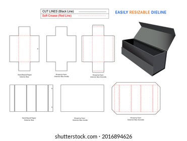 Custom collapsible rigid box, foldable rigid box dieline template with 3d vector file