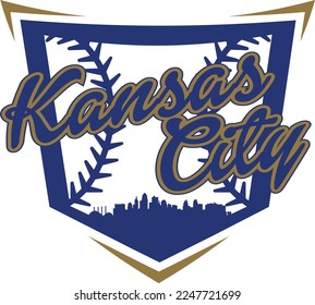 Custom color illustrated baseball logo with the Kansas City skyline inside home plate with stitching. Vector eps graphic design.
