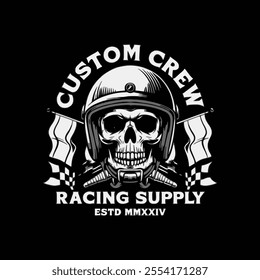 Custom crew racing supply typography and skull vector t shirt design.