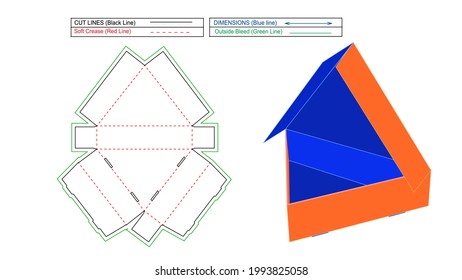 Custom delivery triangle pizza box, Food packaging box and triangle gift box, 3d render and dieline template with color changeable and editable